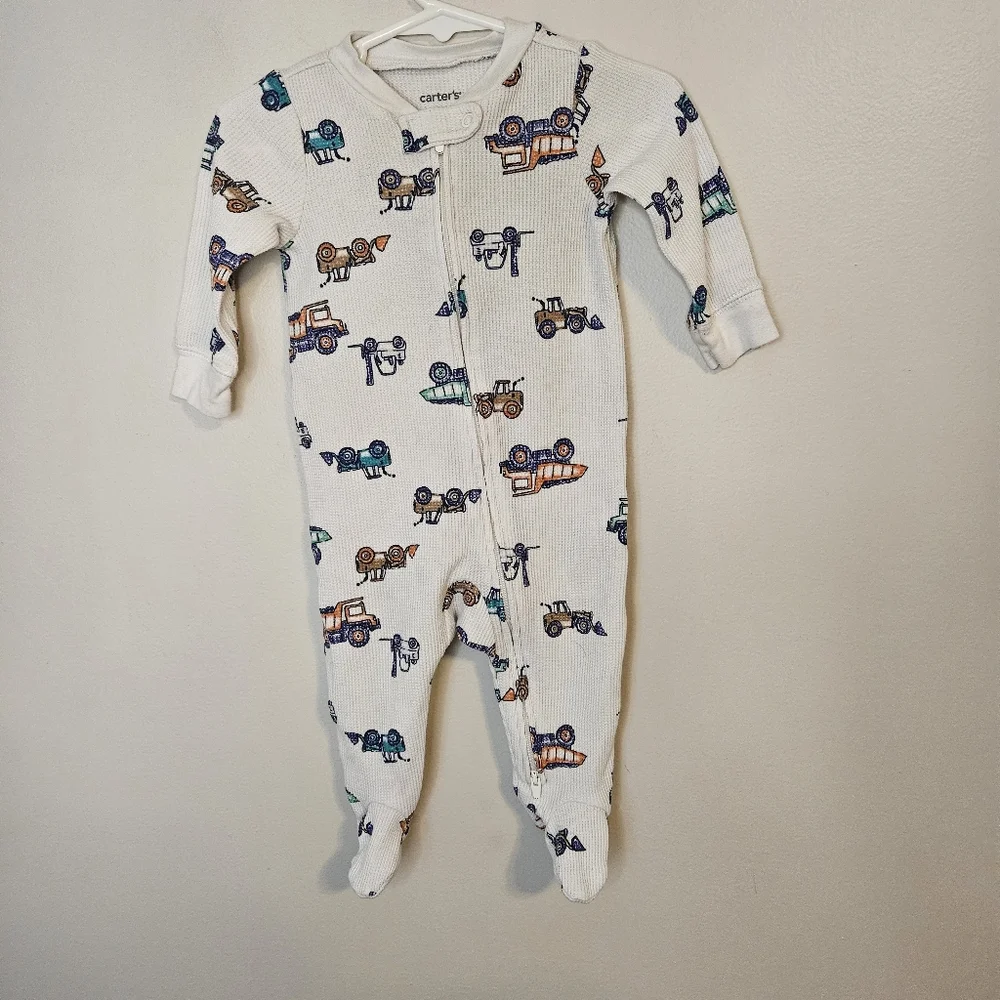 Carter's Baby Car 2-Way Zip Waffle Knit Sleep & Play Pajamas Ivory Vehicles